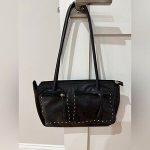 MICHAEL ROME By Besozzi Black Genuine Leather Two-Handled Handbag WHT Stitching